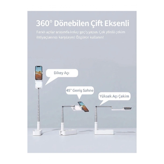 HyMark Canlı Yayın Braketi Çok Fonksiyonlu LED Işıklı 360 Derece Kumandalı Selfie Telefon Standı