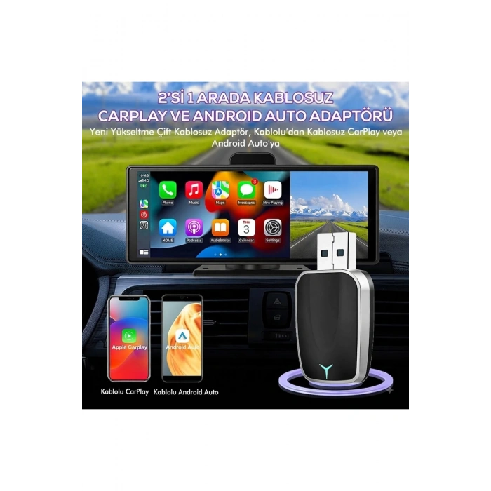 2si 1 Arada Kablosuz CarPlay & Android Auto Mini USB Adaptör (Type-C OTG Destekli Dönüştürücü)