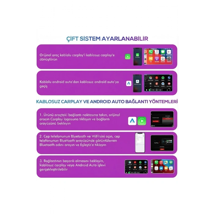 2si 1 Arada Kablosuz CarPlay & Android Auto Mini USB Adaptör (Type-C OTG Destekli Dönüştürücü)