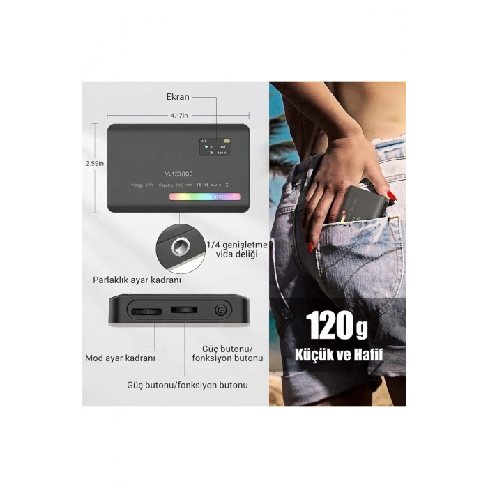 HyMark RGB-CL120 LED Video Fotoğraf Dolgu Işığı 9000K LCD Ekran 20 Efekt DSLR Vlog Canlı Yayın Işığı