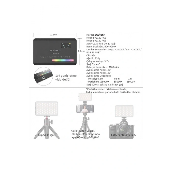 HyMark RGB-CL120 LED Video Fotoğraf Dolgu Işığı 9000K LCD Ekran 20 Efekt DSLR Vlog Canlı Yayın Işığı