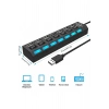 7 Port USB Hub Çoğaltıcı - Işıklı ve AçmaKapama Anahtarlı Çoklu USB 2.0 Adaptör (Tak&Çalıştır)