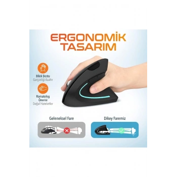 2.4G Dikey Ergonomik Kablosuz Optik Mouse - 800/1200/1600 DPI - Siyah