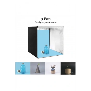 Pro 80x80 cm Profesyonel Stüdyo LED Işıklı Ürün Fotoğraf Çekim Çadırı (3 Fonlu Büyük Boy Stüdyo Seti)