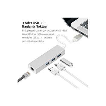 Alüminyum Type-A USB 3.0 Hub Çoklayıcı + RJ45 LAN Ethernet Dönüştürücü Adaptör