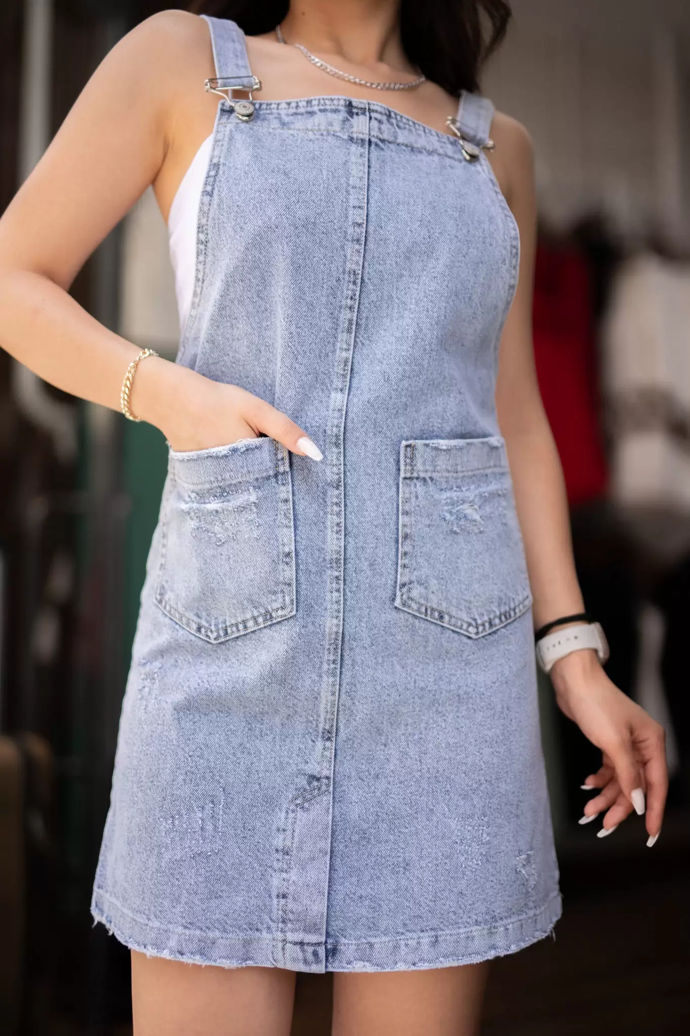 Çift Cepli Denim Elbise - Açık Mavi