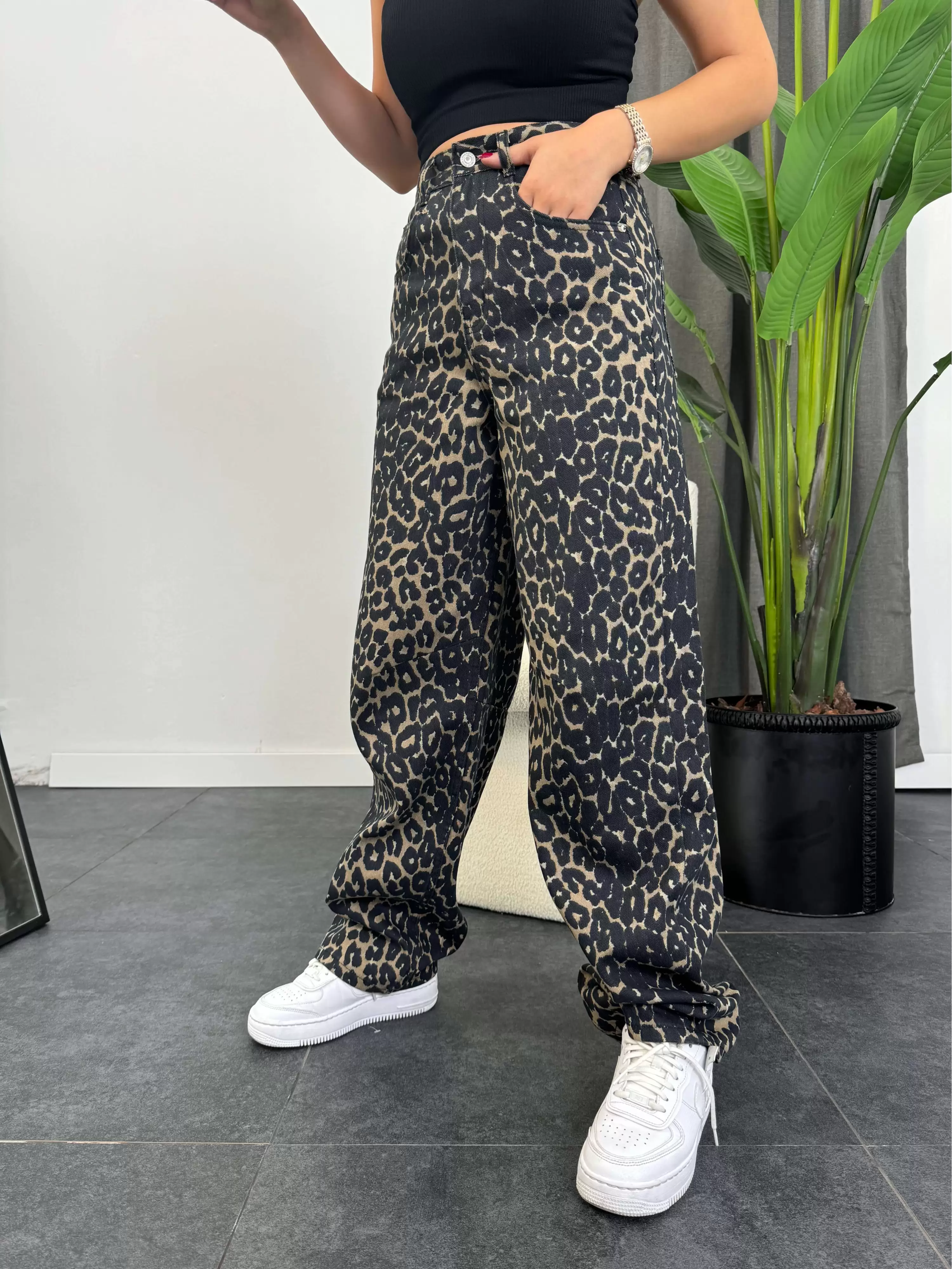 Kemer Detaylı Baggy Mom Jean - Leopar