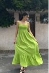 Askılı Önü Büzgülü Piliseli Elbise Yeşil