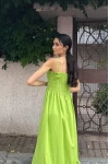 Askılı Önü Büzgülü Piliseli Elbise Yeşil
