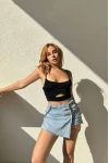 Askılı Önü Pencereli Büzgülü Crop Siyah