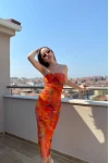Batik Desen Astarlı Straplez Elbise Turuncu