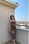 Batik Desen Astarlı Straplez Elbise Vizon