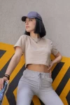 Bej Düz Crop Tshirt