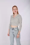 Beyaz Çizgili Polo Yaka Unisex Cropsweat