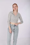 Beyaz Çizgili Polo Yaka Unisex Cropsweat