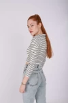 Beyaz Çizgili Polo Yaka Unisex Cropsweat