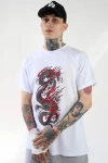 Beyaz Göğüs Baskı Dragon Unisex Tshirt