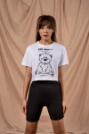 Beyaz Sad Bear Crop Tshirt