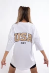 Beyaz U Nakışlı Unisex Oversize Tshirt