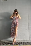 Çiçek Desen Yırtmaçlı Straplez Elbise Bordo
