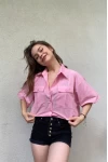 Çift Cep Fakir Kol Kısa Gömlek Pembe