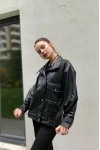 Çıtçıtlı Dik Yaka Boyfriend Unisex Deri Ceket Siyah