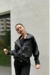 Çıtçıtlı Dik Yaka Boyfriend Unisex Deri Ceket Siyah