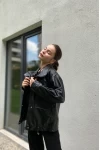 Çıtçıtlı Dik Yaka Boyfriend Unisex Deri Ceket Siyah
