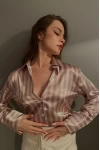 Çizgili Saten Gömlek Vizon