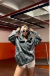 Etnik Detay Yıkamalı Oversize Kapşonlu Unisex Hırka Gri