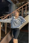 Fermuar Yakalı Çizgili Unisex Sweatshirt Beyaz