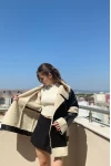 Kürk Detay Oversize Unisex Deri Mont Siyah