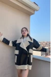 Kürk Detay Oversize Unisex Deri Mont Siyah