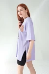 Lila Harvard Logo Yırtmaçlı Oversize Tshirt