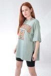 Mint Harvard Logo Yırtmaçlı Oversize Tshirt