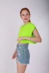 Neon Yeşil Kolsuz İki İplik Unisex Cropsweat