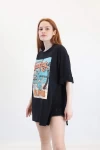 Siyah Surfing Yırtmaçlı Oversize Tshirt