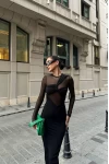 Tül Detay Uzun Kol Maxi Elbise Siyah