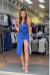 Zincir Askılı Büzgülü Sandy Elbise - Mavi