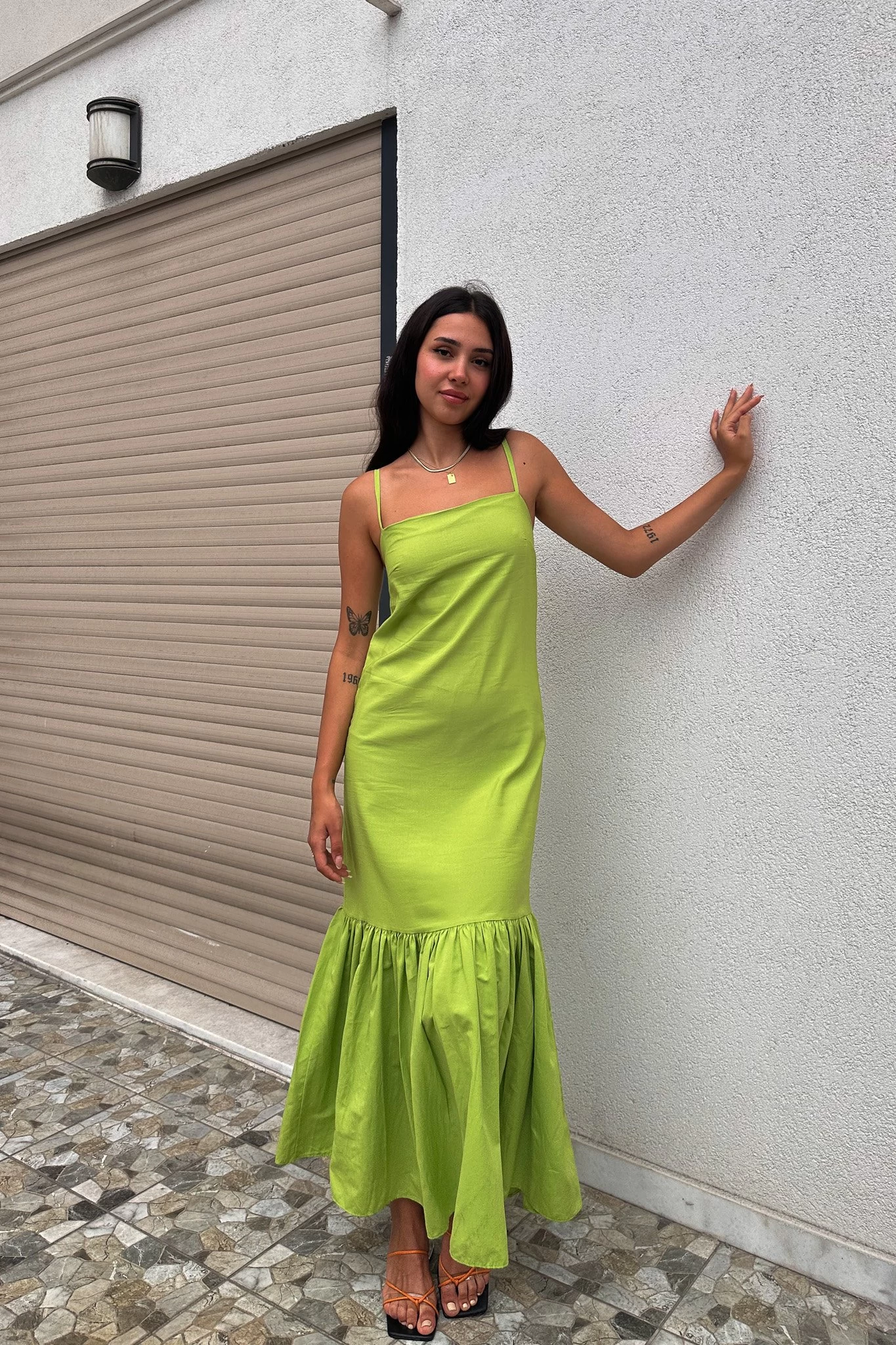 Askılı Uzun Piliseli Elbise Yeşil