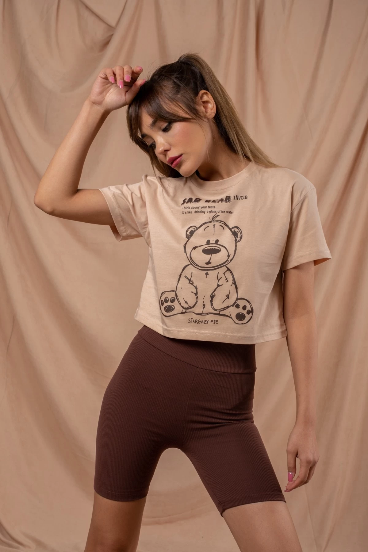 Bej Sad Bear Crop Tshirt