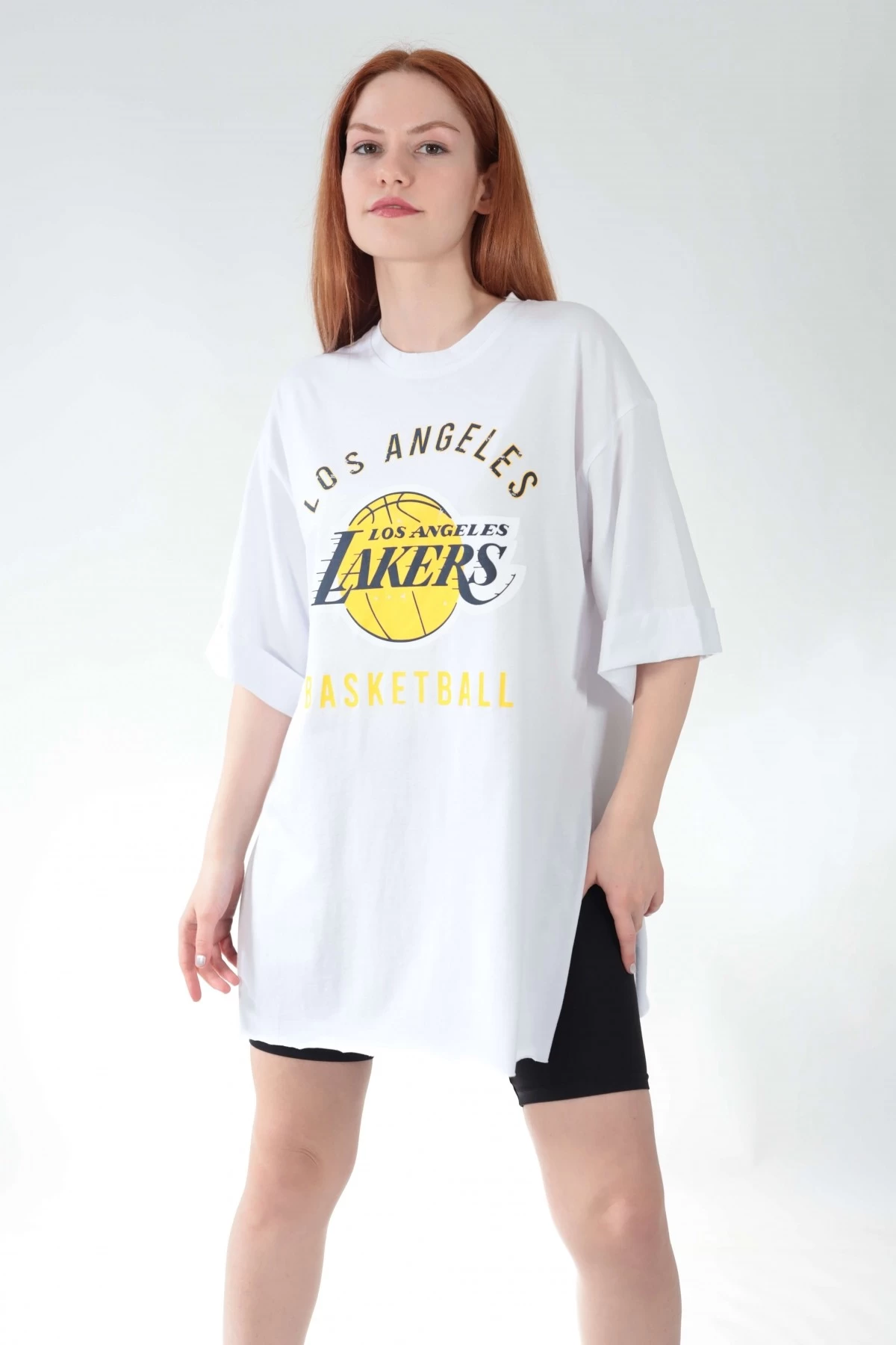 Beyaz Basketball Yırtmaçlı Oversize Tshirt