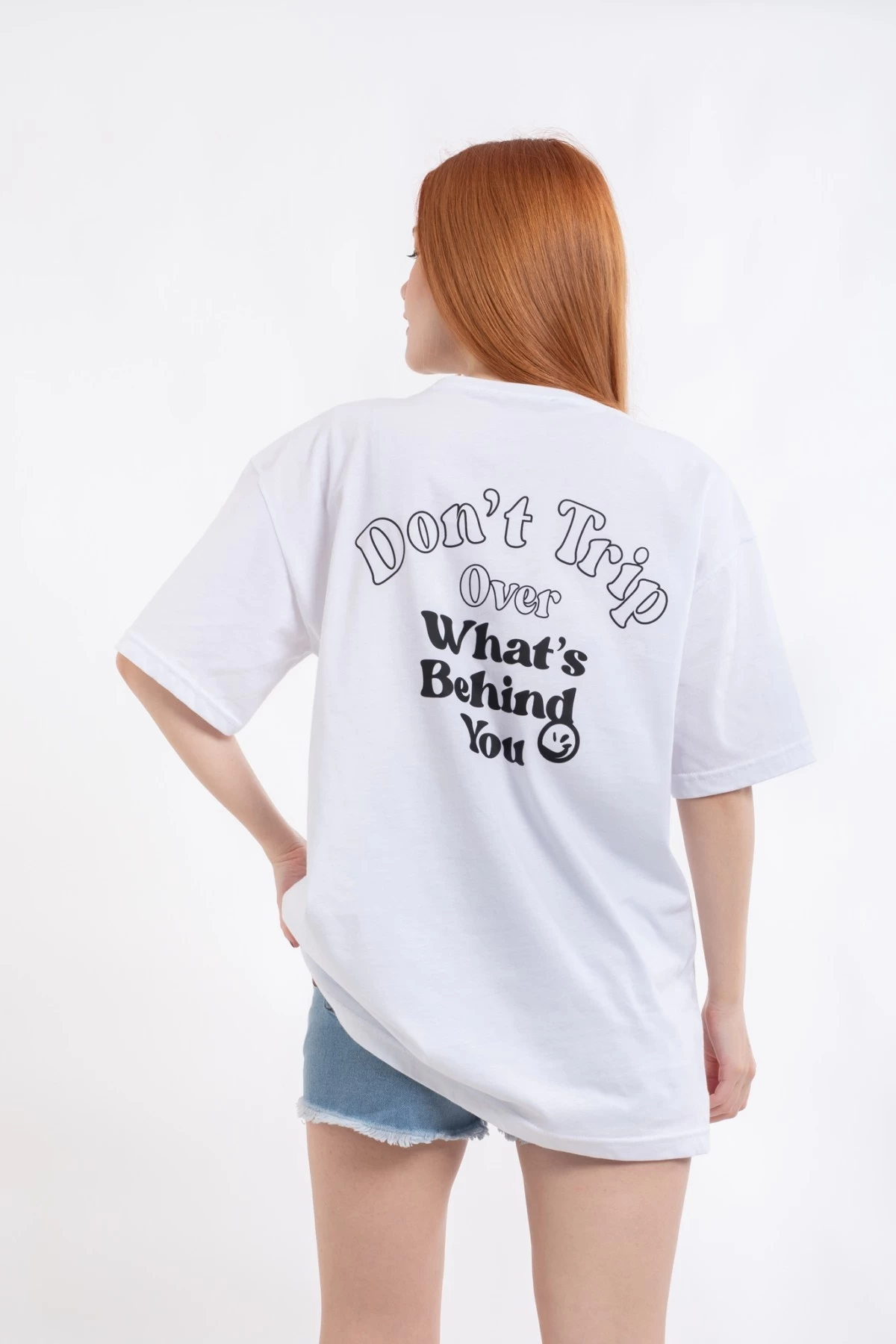 Beyaz Dont Trip Sırt Baskı Unisex Oversize Tshirt