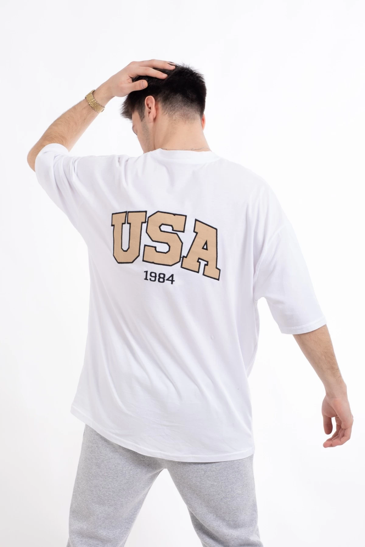 Beyaz U Nakışlı Unisex Oversize Tshirt