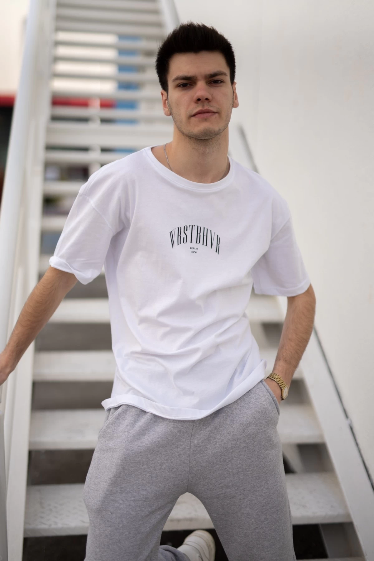 Beyaz WrstBhvr Sırt Baskı Unisex Oversize Tshirt