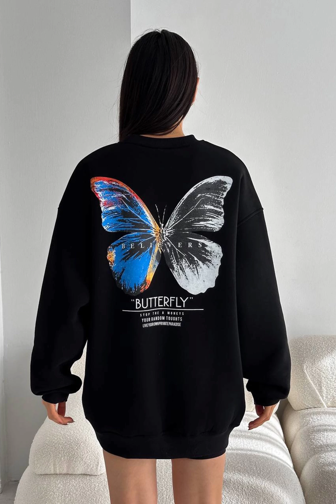 Butterfly Sırt Baskı Kapşonlu Unisex Sweatshirt Siyah
