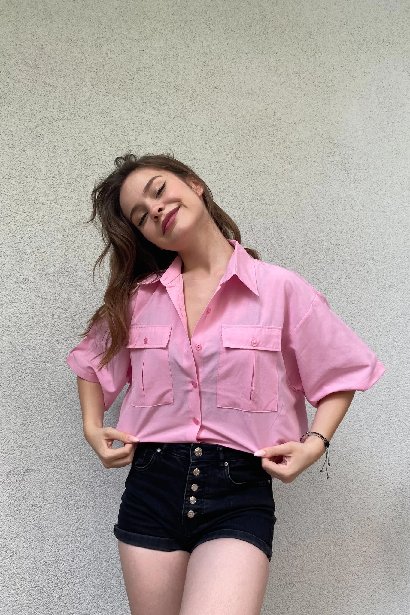 Çift Cep Fakir Kol Kısa Gömlek Pembe