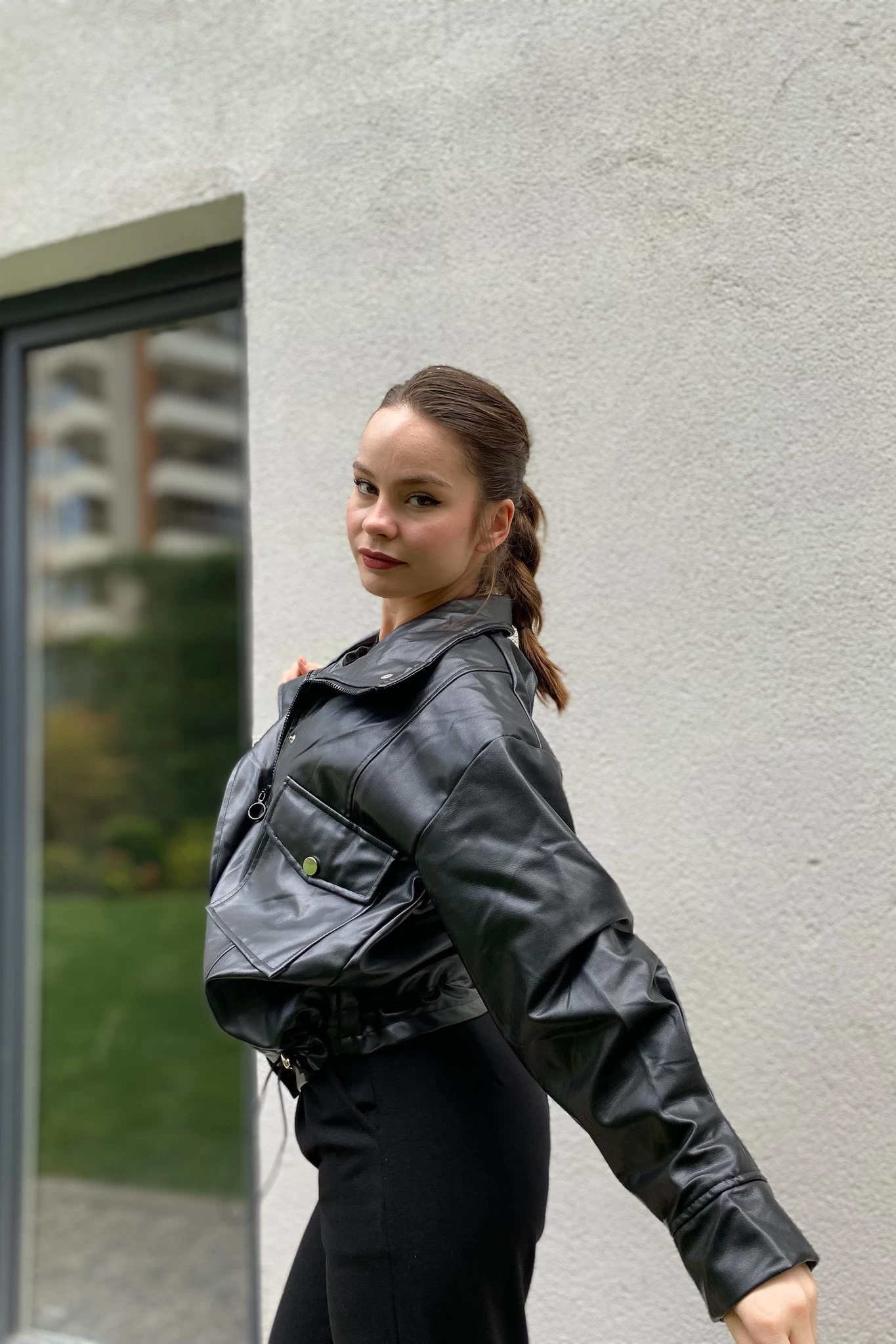 Çıtçıtlı Dik Yaka Boyfriend Unisex Deri Ceket Siyah