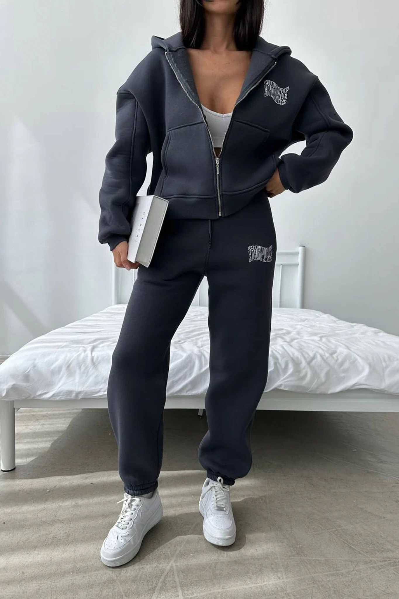 Couture Hırkalı Üç İplik Eşofman Takımı Füme