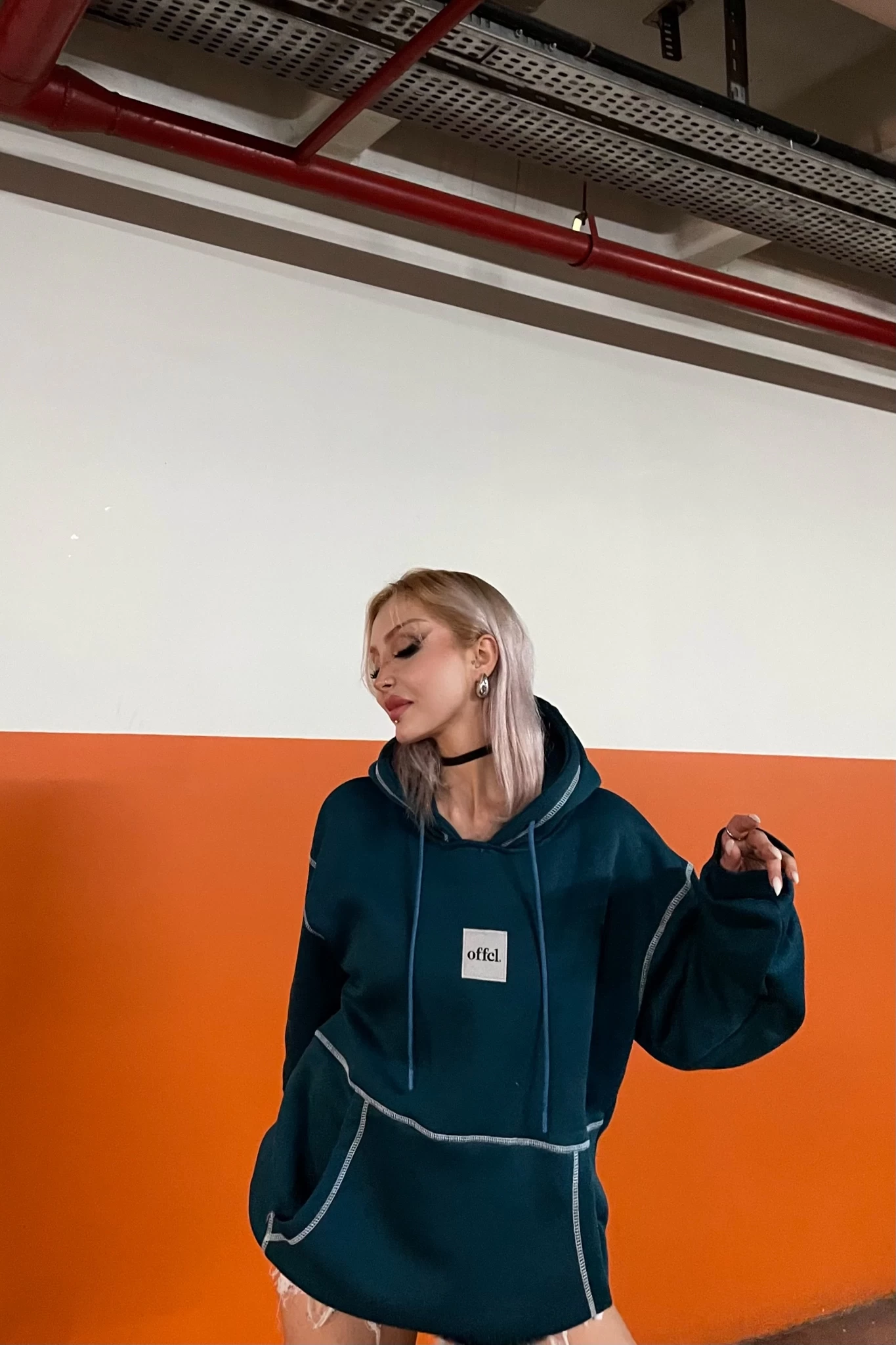 Dikiş Detay Offcl Nakış Kapşonlu Unisex Sweatshirt Yeşil